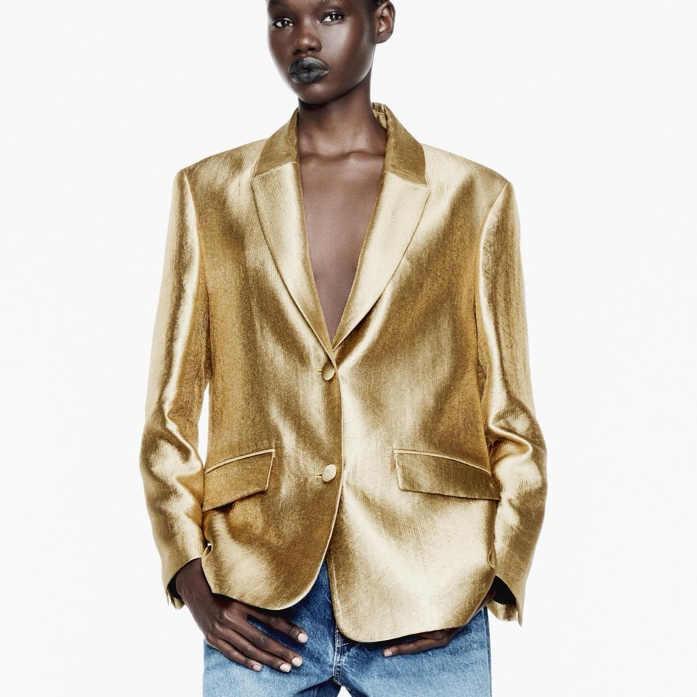 Zara ZW Collection METALLIC Gold Blazer Jacket